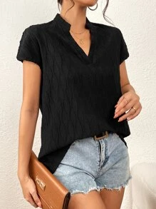 SHEIN Privé Solid Notched Neck Batwing Sleeve Blouse - Black - View 4