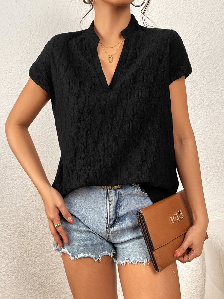 SHEIN Privé Solid Notched Neck Batwing Sleeve Blouse - Black - View 1