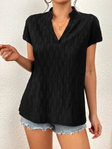 SHEIN Privé Solid Notched Neck Batwing Sleeve Blouse - Black - View 6