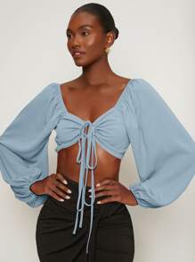 SHEIN VCAY Knot Front Lantern Sleeve Crop Top - Dusty Blue - View 4