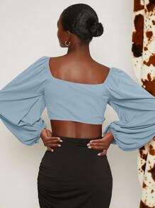 SHEIN VCAY Knot Front Lantern Sleeve Crop Top - Dusty Blue - View 2