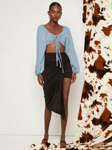 SHEIN VCAY Knot Front Lantern Sleeve Crop Top - Dusty Blue - View 6