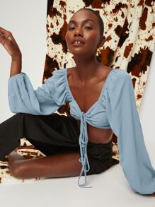 SHEIN VCAY Knot Front Lantern Sleeve Crop Top - Dusty Blue - View 5