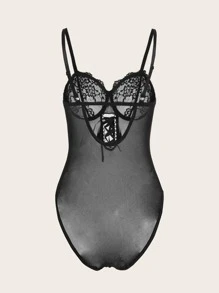 ROMWE Goth 繫帶蕾絲拼接性感緊身連體衣 - 黑色 - 查看 2