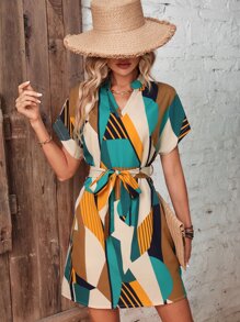SHEIN LUNE Đầm Thắt lưng Hình học Giải trí - Nhiều màu - Xem 3