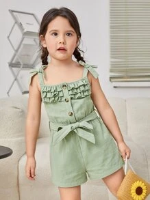 SHEIN Toddler Girls Ruffle Trim Belted Cami Romper - Mint Green - View 1