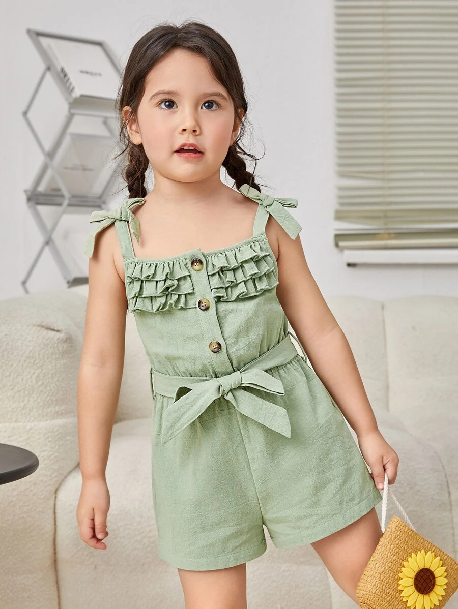 SHEIN Toddler Girls Ruffle Trim Belted Cami Romper - Mint Green - View 1