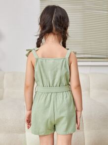 SHEIN Toddler Girls Ruffle Trim Belted Cami Romper - Mint Green - View 2