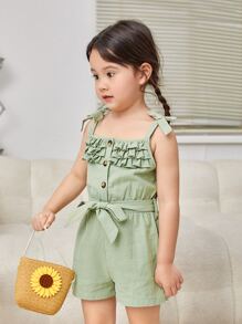 SHEIN Toddler Girls Ruffle Trim Belted Cami Romper - Mint Green - View 4