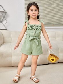 SHEIN Toddler Girls Ruffle Trim Belted Cami Romper - Mint Green - View 5