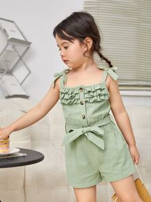 SHEIN Toddler Girls Ruffle Trim Belted Cami Romper - Mint Green - View 6
