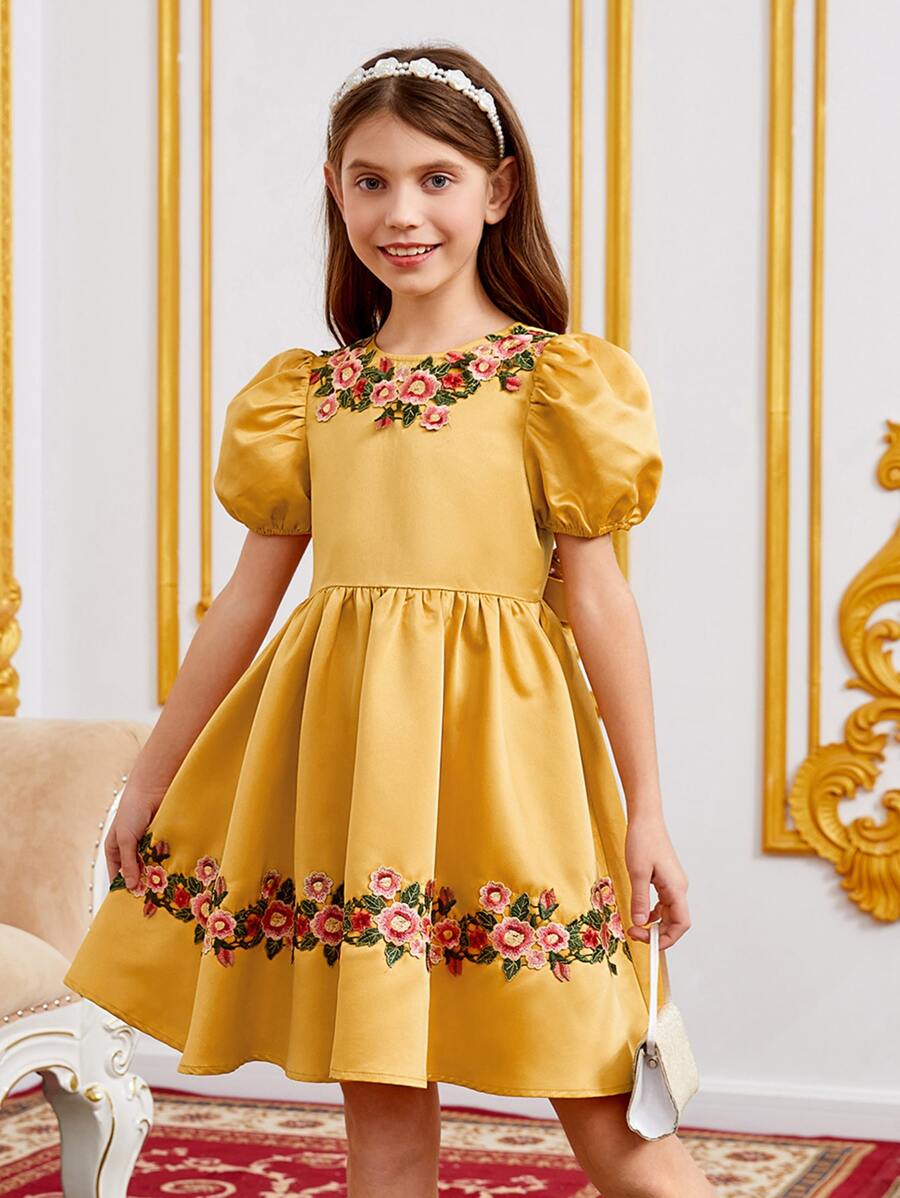 SHEIN Girls Puff Sleeve Floral Applique Detail Bow Back Dress - Mustard Yellow - View 1