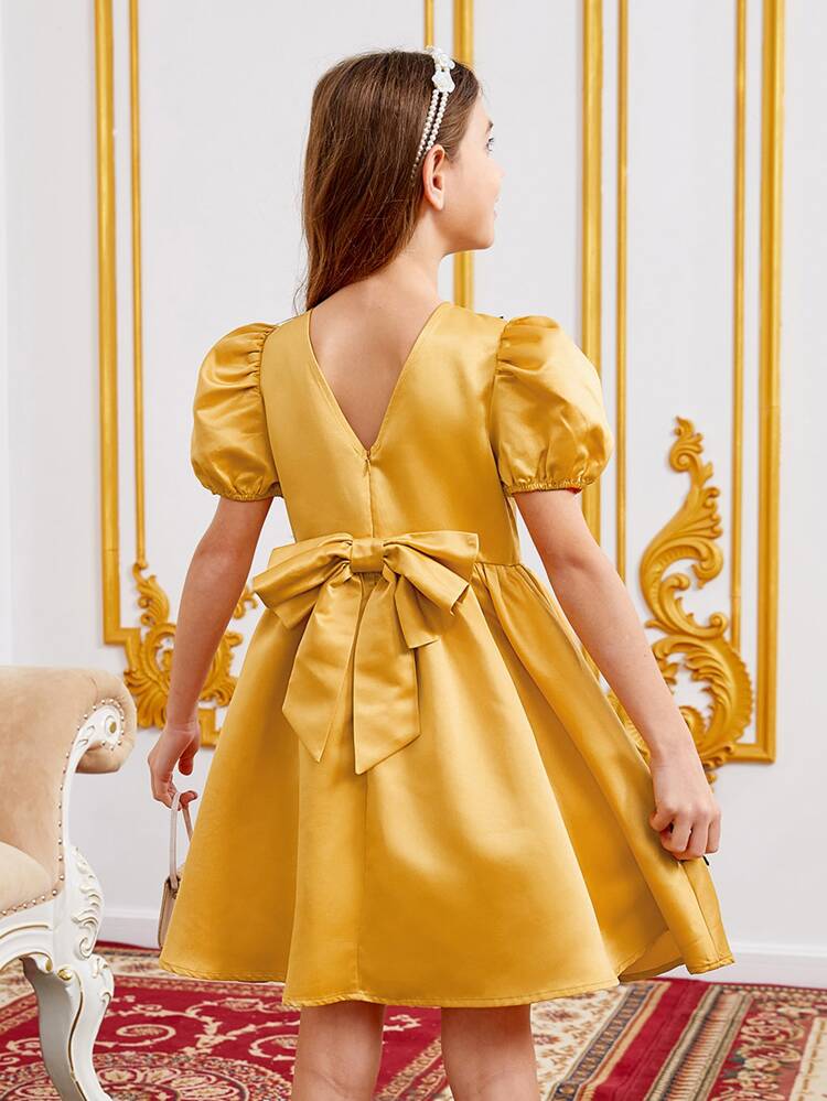 Girls Puff Sleeve Floral Applique Detail Bow Back Dress