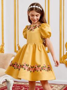 SHEIN Girls Puff Sleeve Floral Applique Detail Bow Back Dress - Mustard Yellow - View 4