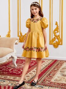 SHEIN Girls Puff Sleeve Floral Applique Detail Bow Back Dress - Mustard Yellow - View 6