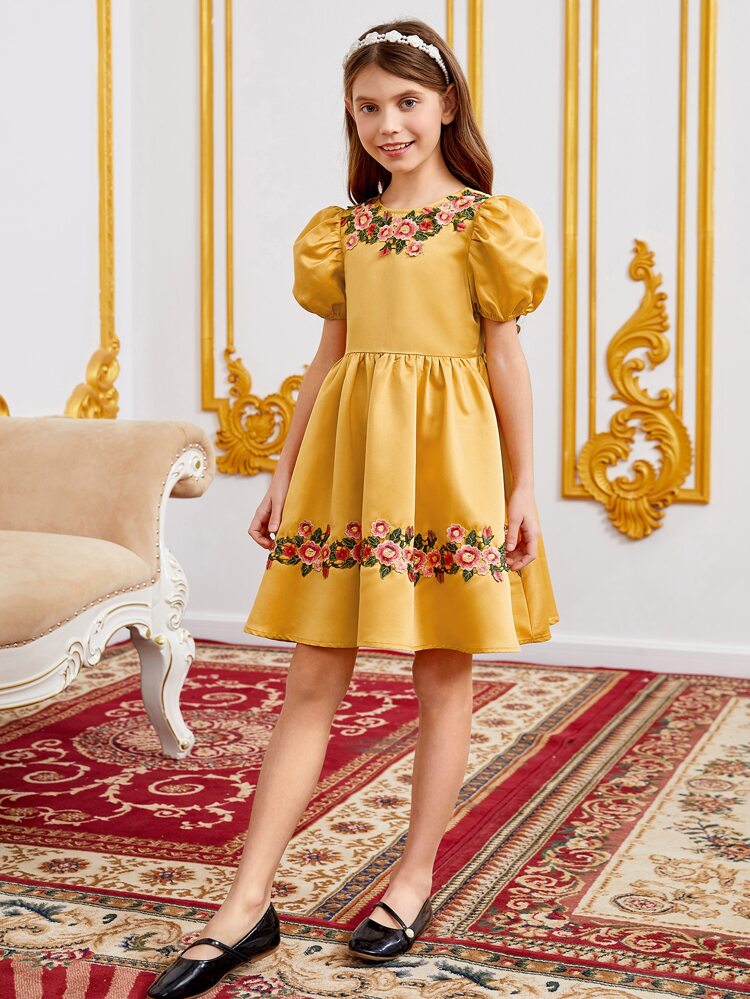 Girls Puff Sleeve Floral Applique Detail Bow Back Dress