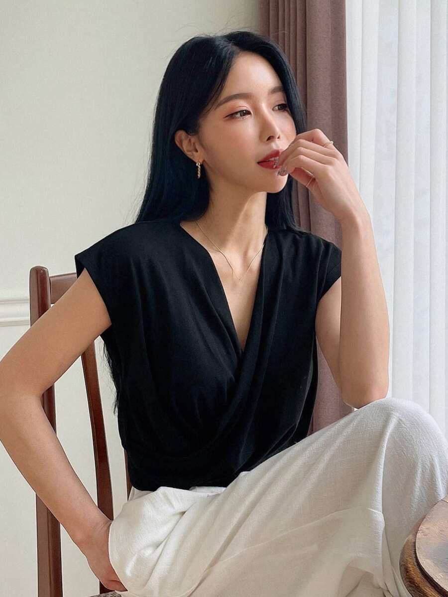 DAZY Solid Surplice Front Tee - Black - View 1