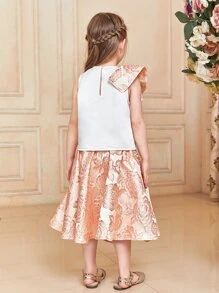 SHEIN 小女童1入組荷葉邊背心上衣和1入組花卉圖案提花半身裙 - 彩色 - 查看 2