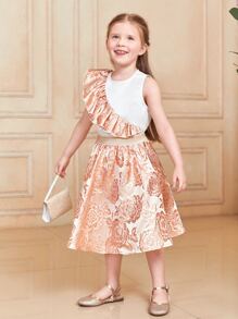 SHEIN 小女童1入組荷葉邊背心上衣和1入組花卉圖案提花半身裙 - 彩色 - 查看 3