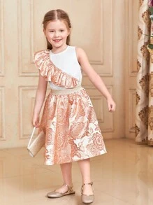 SHEIN 小女童1入組荷葉邊背心上衣和1入組花卉圖案提花半身裙 - 彩色 - 查看 4
