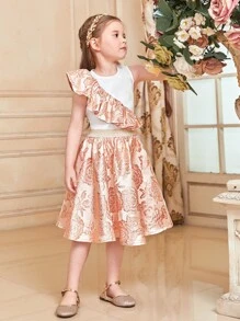 SHEIN 小女童1入組荷葉邊背心上衣和1入組花卉圖案提花半身裙 - 彩色 - 查看 5