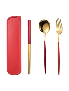 1set Stainless Steel Cutlery With Box - Red - View 2