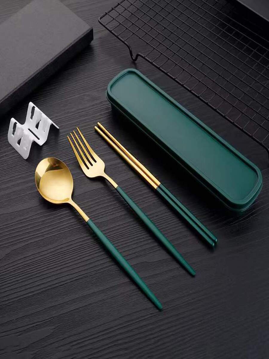 1pc Stainless Steel Spoon & 1pc Fork & 2pcs Chopstick & 1pc Box - Army Green - View 1