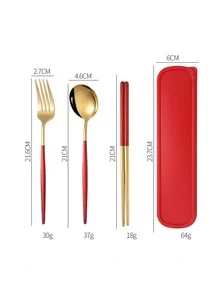 1set Stainless Steel Cutlery With Box - Red - View 4