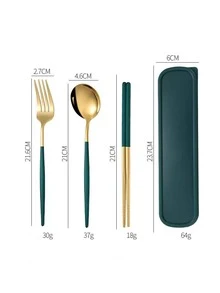 1pc Stainless Steel Spoon & 1pc Fork & 2pcs Chopstick & 1pc Box - Army Green - View 4
