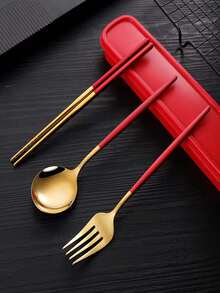 1set Stainless Steel Cutlery With Box - Red - View 6