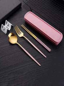 1pc Stainless Steel Spoon & 1pc Fork & 2pcs Chopstick & 1pc Box - Pink - View 1