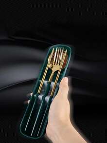 1pc Stainless Steel Spoon & 1pc Fork & 2pcs Chopstick & 1pc Box - Army Green - View 5