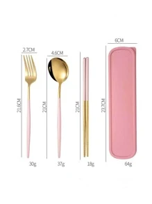 1pc Stainless Steel Spoon & 1pc Fork & 2pcs Chopstick & 1pc Box - Pink - View 5