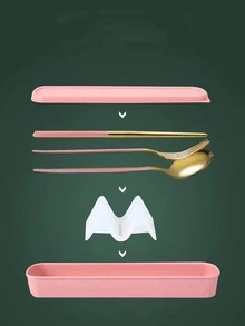 1pc Stainless Steel Spoon & 1pc Fork & 2pcs Chopstick & 1pc Box - Pink - View 6
