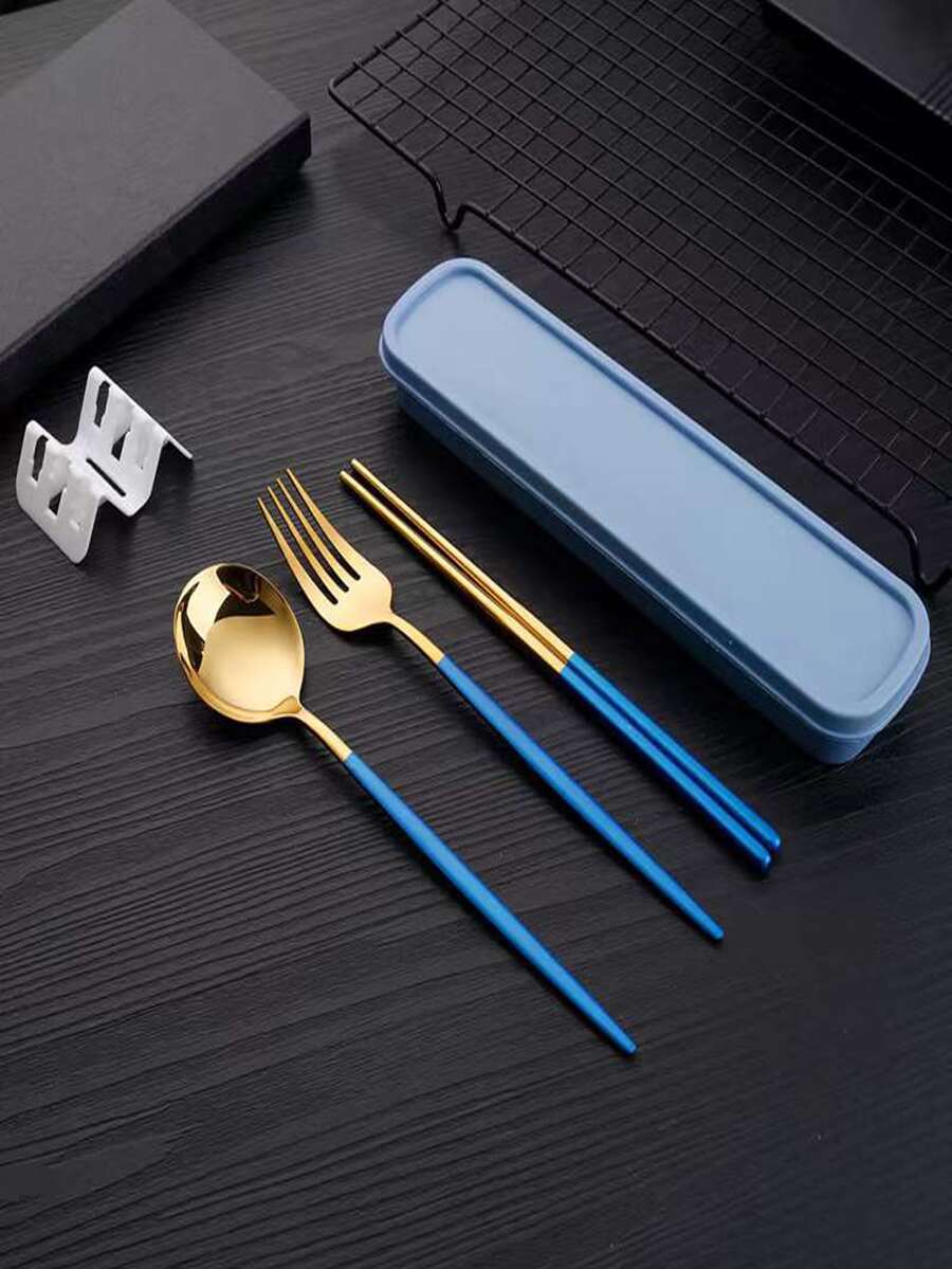 1pc Stainless Steel Spoon & 1pc Fork & 1pair Chopsticks & 1pc Box - Blue - View 1