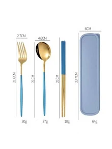 1pc Stainless Steel Spoon & 1pc Fork & 1pair Chopsticks & 1pc Box - Blue - View 4