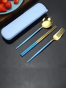 1pc Stainless Steel Spoon & 1pc Fork & 1pair Chopsticks & 1pc Box - Blue - View 5
