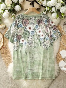 SHEIN LUNE Camiseta con estampado floral de cuello V - Multicolor - Ver 2