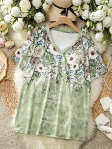 SHEIN LUNE Camiseta con estampado floral de cuello V - Multicolor - Ver 3