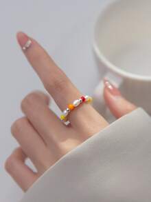 Faux Pearl Decor Silver Beaded Ring - Multicolor - View 2