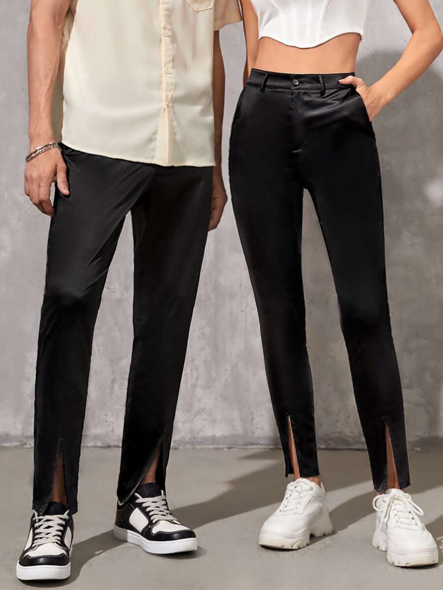 Manfinity 1pc Slant Pocket Split Hem Trousers - Black - View 1