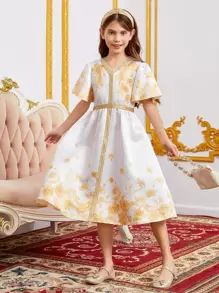 SHEIN Leap Crew Đầm Gái Dây kéo Ruy băng Hoa Buổi tiệc - trắng - Xem 1