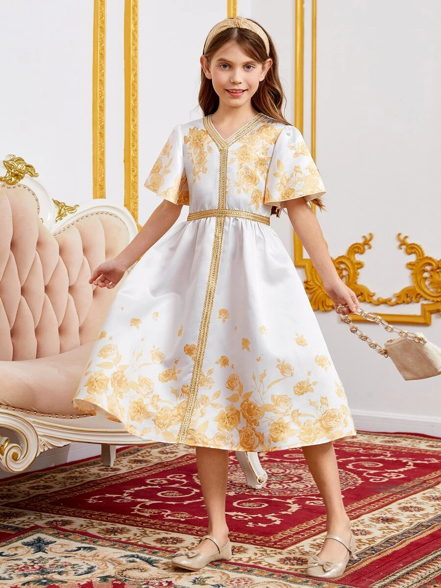 SHEIN Leap Crew Đầm Gái Dây kéo Ruy băng Hoa Buổi tiệc - trắng - Xem 1