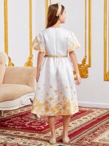 SHEIN Leap Crew Đầm Gái Dây kéo Ruy băng Hoa Buổi tiệc - trắng - Xem 2