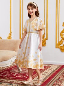 SHEIN Leap Crew Đầm Gái Dây kéo Ruy băng Hoa Buổi tiệc - trắng - Xem 3