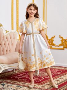 SHEIN Leap Crew Đầm Gái Dây kéo Ruy băng Hoa Buổi tiệc - trắng - Xem 4