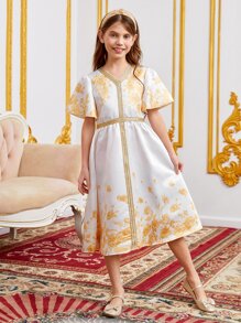 SHEIN Leap Crew Đầm Gái Dây kéo Ruy băng Hoa Buổi tiệc - trắng - Xem 5