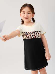 Toddler Girls Leopard Print Colourblock Tee Dress - Multicolor - View 1