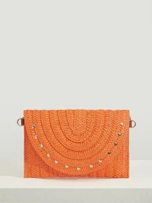 SHEIN VCAY 熒光橙鉚釘裝飾翻蓋鏈條草編包,完美適合夏天海灘旅行度假 - 橘色 - 查看 1