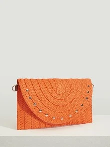 SHEIN VCAY 熒光橙鉚釘裝飾翻蓋鏈條草編包,完美適合夏天海灘旅行度假 - 橘色 - 查看 2